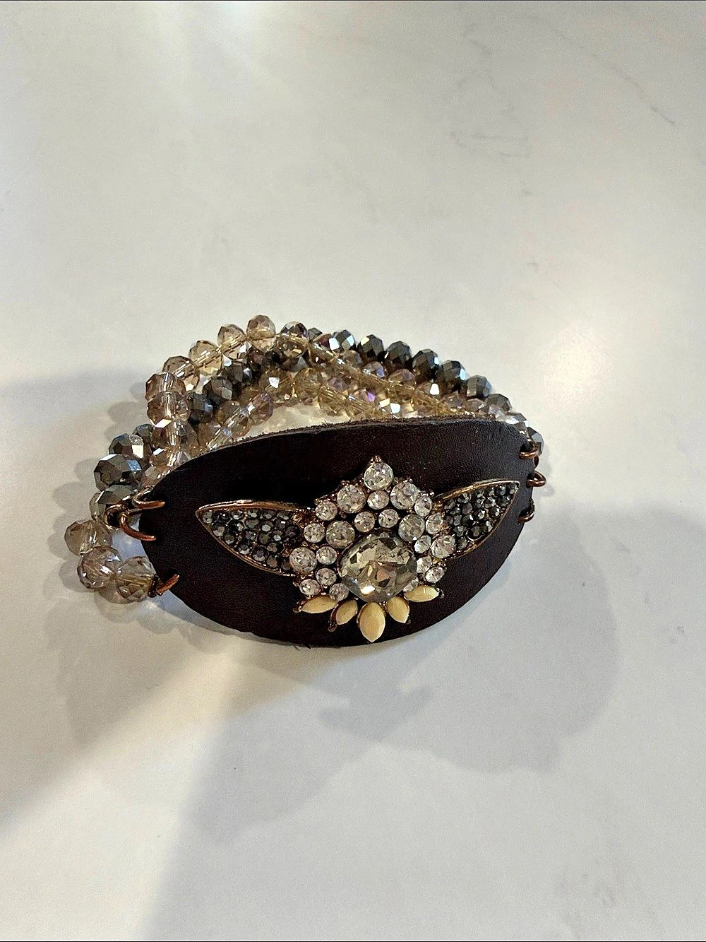 Swarovski Brown Leather Multi-Strand Crystal Cuff Bracelet